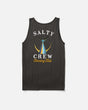 The Salty Crew Tailed Tank in black is a cotton t-shirt tank top featuring "Salty Crew Chasing Tail" and a screenprint of a fish tail above ocean waves on the back.