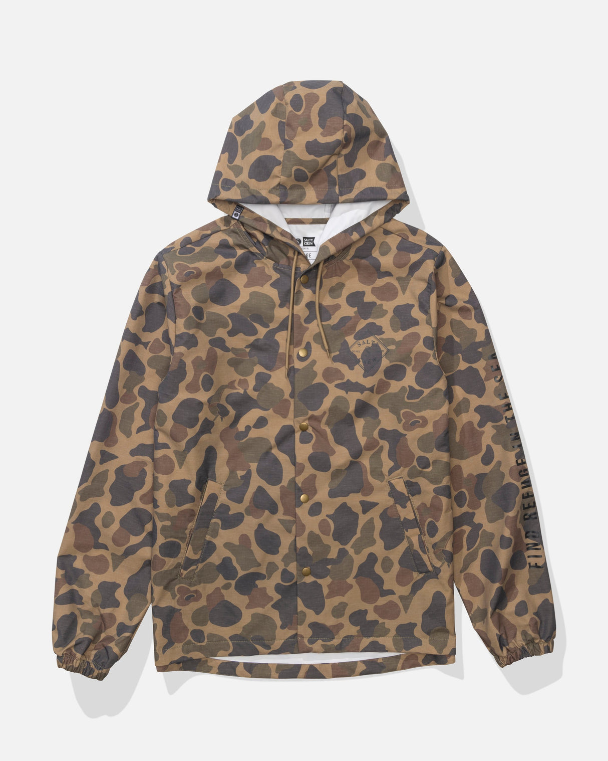 Front view of the Tippet Snap Jacket - Sand Camo. 
