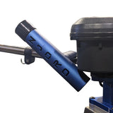 Close-up of a blue and black fishing rod holder  'NORD' branding on a white background