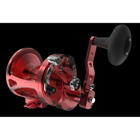 Red fishing reel on a black background - Right - Red