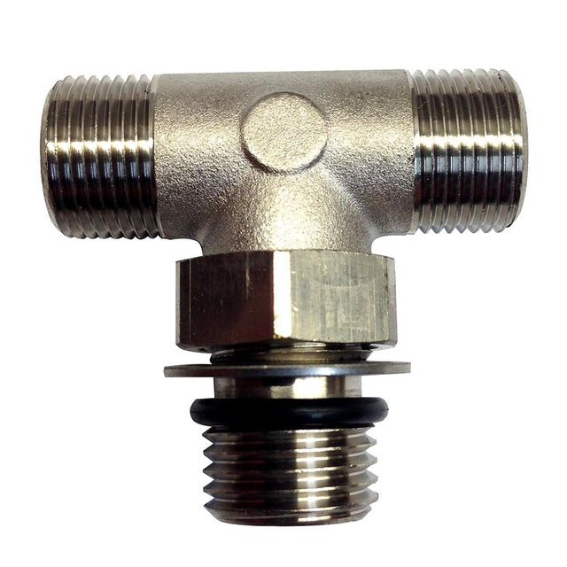Metal plumbing fitting on a white background