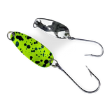Dick Nite spoon in Frog pattern with bright chartreuse green body and black spots, nickel back finish and single siwash hook