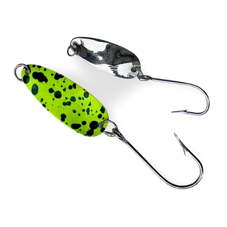 Dick Nite spoon in Frog pattern with bright chartreuse green body and black spots, nickel back finish and single siwash hook