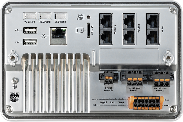 Rear view of the Victron Ekrano GX showing communication ports, power connections and mounting design