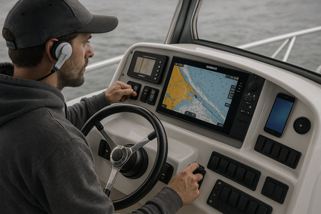 Person steering a boat with a navigation screen displaying a map.