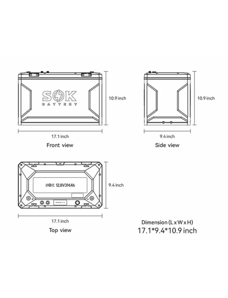 Alt: SOK 12V 314Ah LiFePO4 battery dimensions and measurements