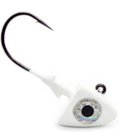 Fishing lure with a white body and black eye on a white background