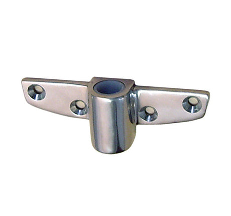 Stainless steel rail mount bracket with center tube socket and four screw holes for marine hardware installation