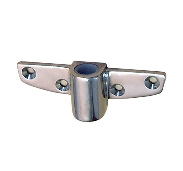 Stainless steel rail mount bracket with center tube socket and four screw holes for marine hardware installation