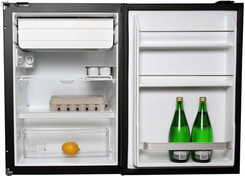 Small refrigerator with open doors showing interior shelves and items.