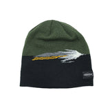 Black and gray knit hat with streamer
