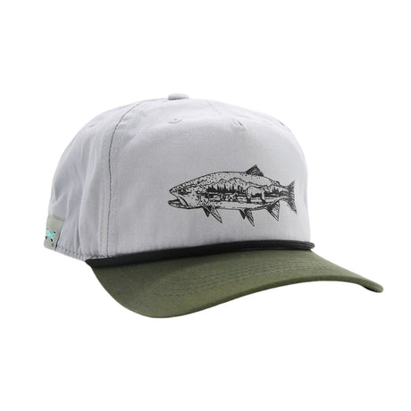RepYourWater Grizzly Trout Unstructured 5-Panel Hat - Light Gray/Green Bill, One Size Fits Most