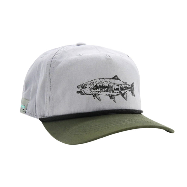 RepYourWater Grizzly Trout Unstructured 5-Panel Hat - Light Gray/Green Bill, One Size Fits Most