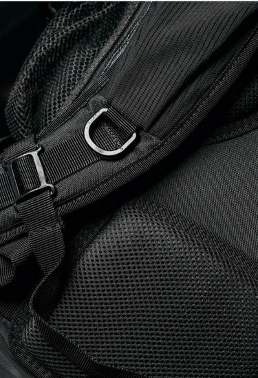 Close-up of a black backpack with straps and mesh details