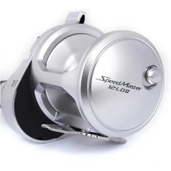 Front view of conventional fishing reel showing spool housing