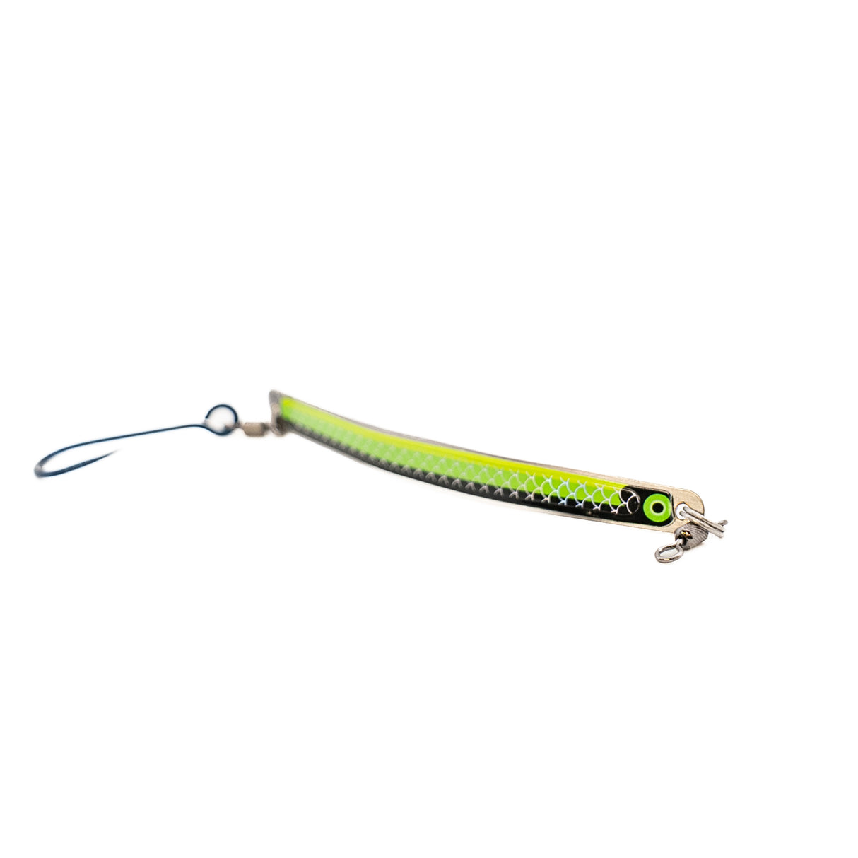 Fishing lure with a green and black pattern on a white background