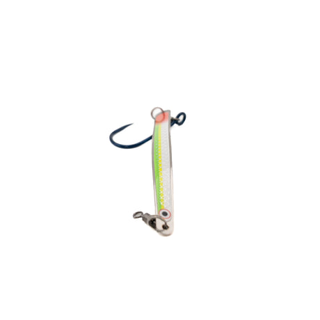 Thunder Spoon 4 inch salmon trolling spoon in silver with chartreuse stripe and red nose tip, scale pattern finish, single siwash hook and stainless swivel, made in BC