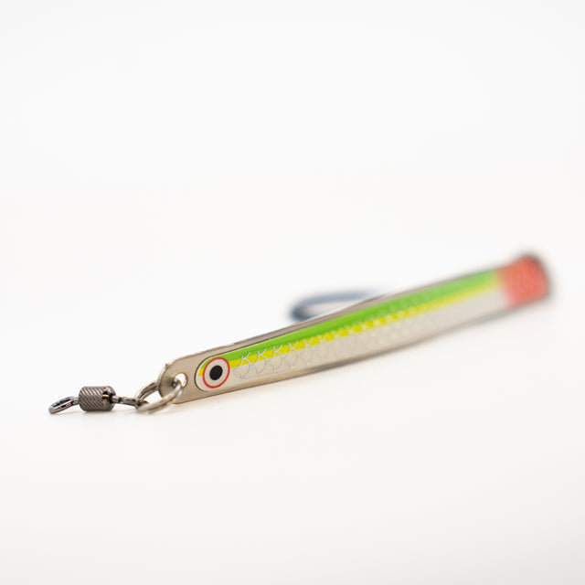Thunder Spoon 4 inch salmon trolling spoon in silver scale finish with chartreuse stripe and red nose accent, glow eye detail and stainless swivel, made in BC