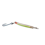 Thunder Spoon 4 inch salmon trolling spoon in silver with chartreuse stripe and red accent, glow eye detail, stainless swivel and single siwash hook, made in BC