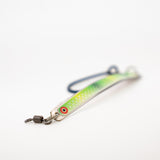 Fishing lure with a green and silver body on a white background