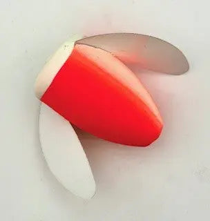 Red and white mushroom-shaped object on a light gray background