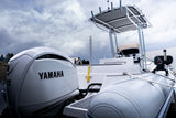 Yamaha outboard on the stern of the AB Inflatables 21 Oceanus VST, with the T-top behind