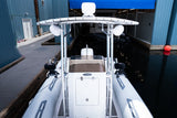 Looking aft from the bow of the AB Inflatables 21 Oceanus VST, moored in a boathouse slip
