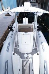 Overhead view looking aft over the T-top, centre console and grey deck of the AB Inflatables 21 Oceanus VST