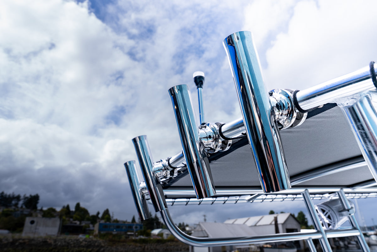 Four stainless rocket launcher rod holders on the T-top