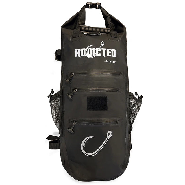 Black backpack with fishing-themed design on a white background
