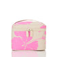 Small cylindrical bag with pink floral pattern on a beige background