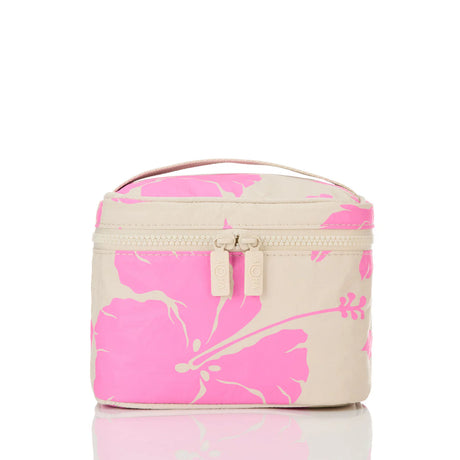 Small cylindrical bag with pink floral pattern on a beige background