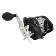 Shimano Tekota A conventional trolling reel close-up with power handle, black and silver
