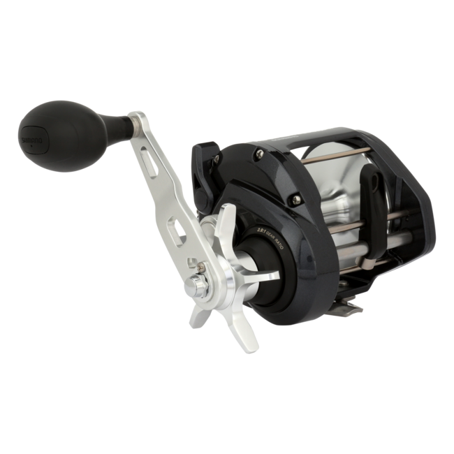 Shimano Tekota A conventional trolling reel close-up with power handle, black and silver