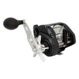 Shimano Tekota A conventional trolling reel close-up with power handle, black and silver