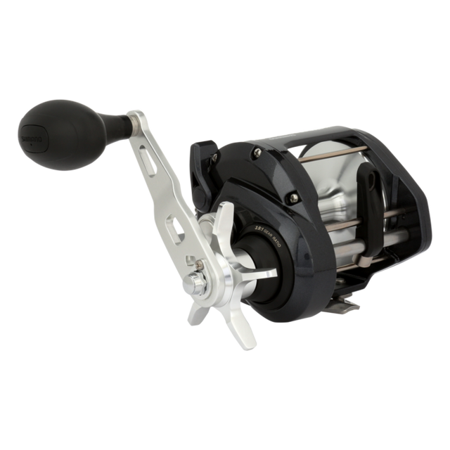 Shimano Tekota A conventional trolling reel close-up with power handle, black and silver