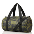 Green and black patterned duffel bag with a strap on a white background