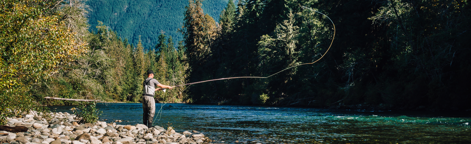 Person fly fishing in a river surrounded by trees and mountains on vancouver island fresh water fishing on a rive