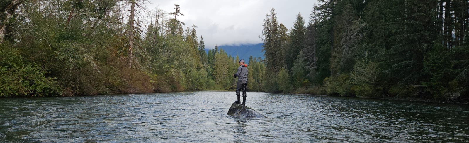 Person standing on a rock in a forested lake with trees and mountains in the background, rod in hand