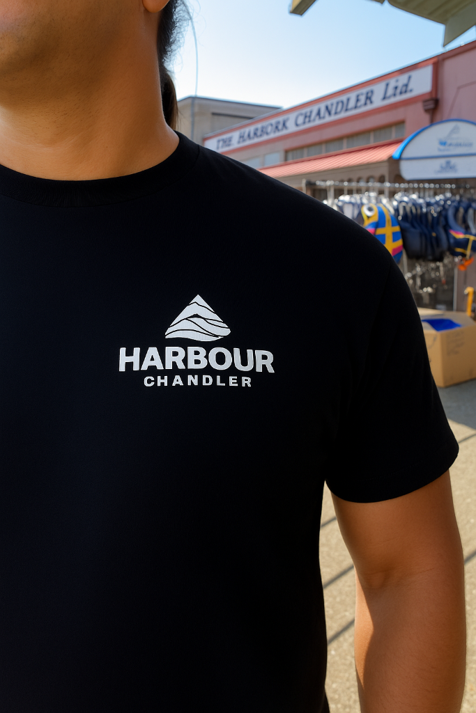 Person wearing a black t-shirt with 'Harbour Chandler' logo in front of a building. - Army Green - XS