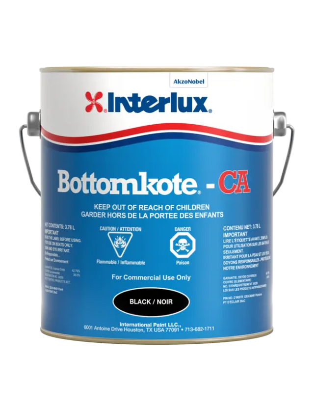 Interlux Bottomkote CA antifouling marine paint can in black, 3.78L