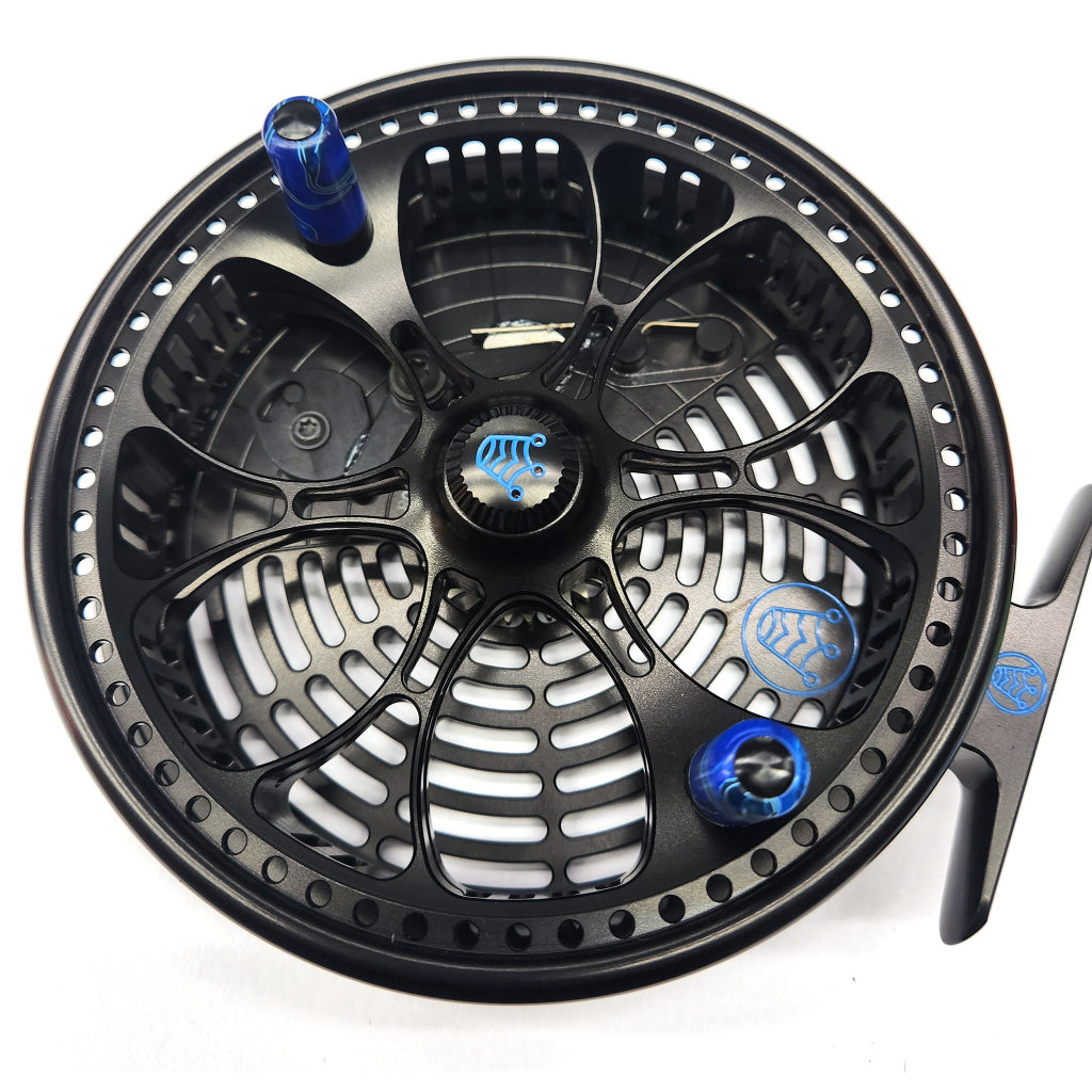 Kingpin Zeppelin Aero 500 Centerpin Reel - Special Edition Black with Blue Handles