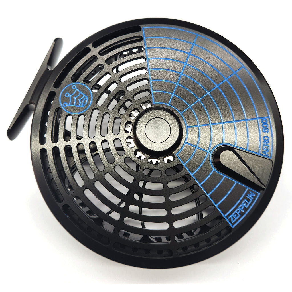 Kingpin Zeppelin Aero 500 Centerpin Reel - Special Edition Black with Blue Handles