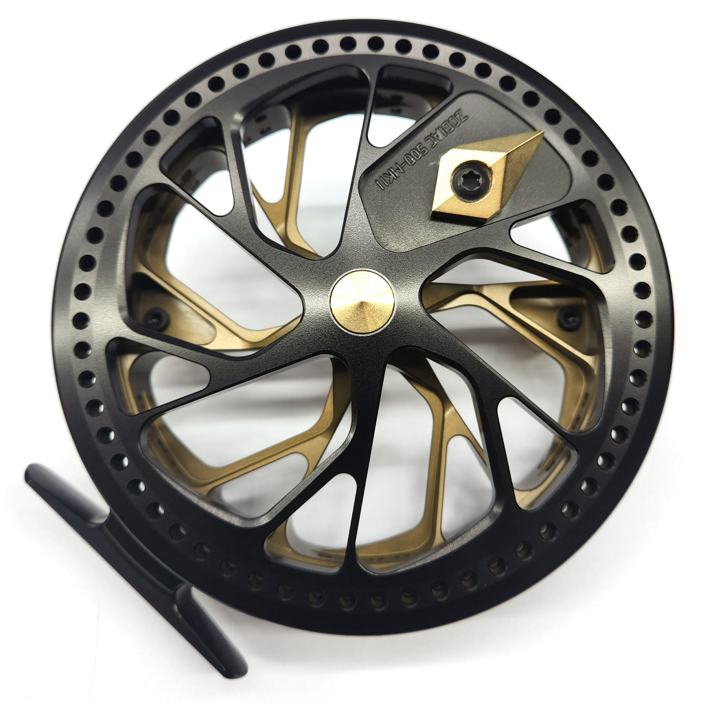 Fishing reel with black and gold design on a white background Kingpin Zodiac 500 Centerpin Reel - Special Edition Black & Green/Gold