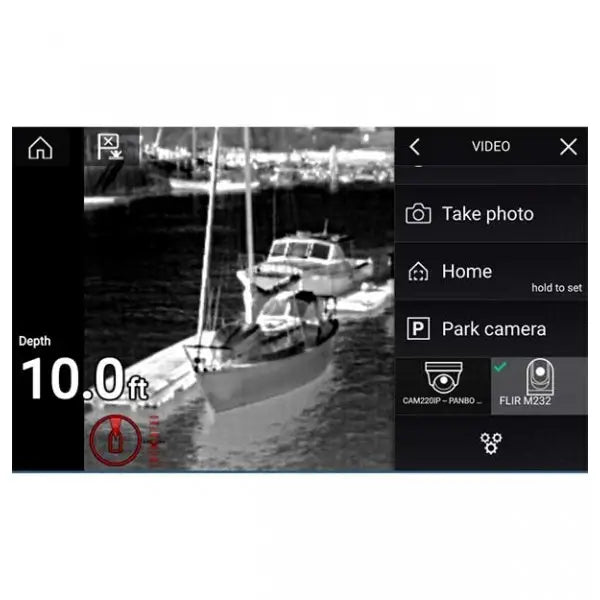 A black screen interface showing a grayscale camera feed of boats on water, with on-screen text reading 'Depth 10.0 ft' and menu options including 'Take photo', 'Home', and 'Park camera'.