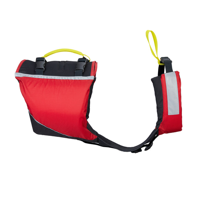Rear view of the Mustang Foam Dog Life Vest featuring breathable mesh back, adjustable straps and reflective safety panels.