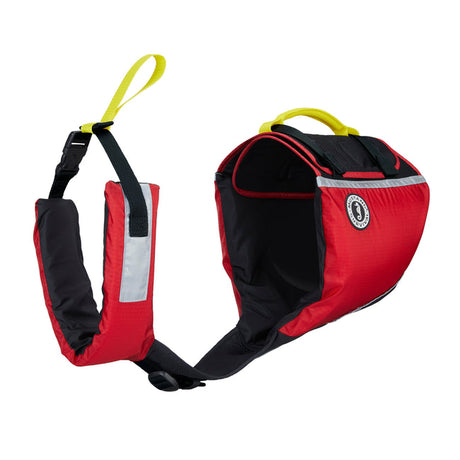 Mustang Foam Dog Life Vest in red with reinforced carry handle, adjustable straps, reflective panels and high-buoyancy foam for boating and water safety.