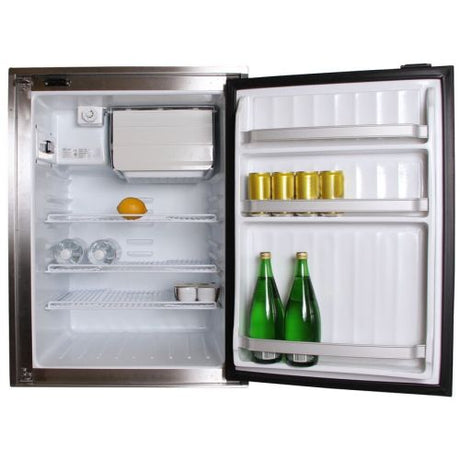Open refrigerator with drinks and food items on a white background