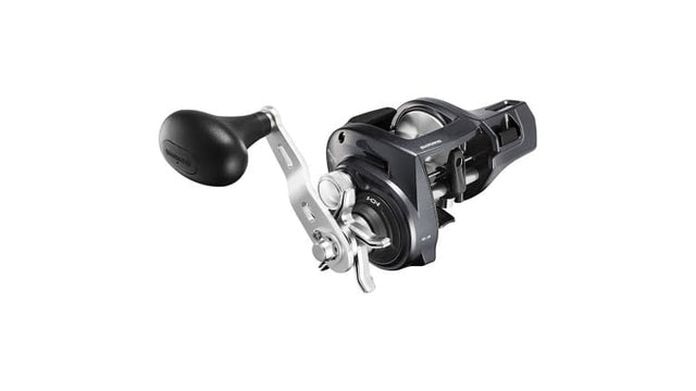 Shimano Tekota A conventional trolling reel with power handle, black and silver