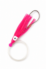 A bright pink fishing lure with a clear plastic loop, white and black googly eye, and a silver metal hook, shown on a plain white background.